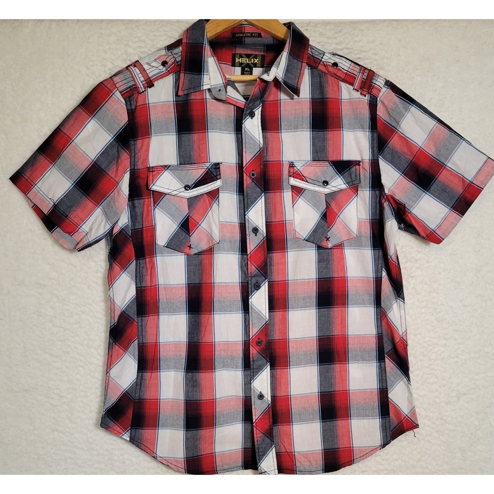 Helix Mens Button-Up Shirt Size XL Short Sleeve Red Black White Plaid 1520